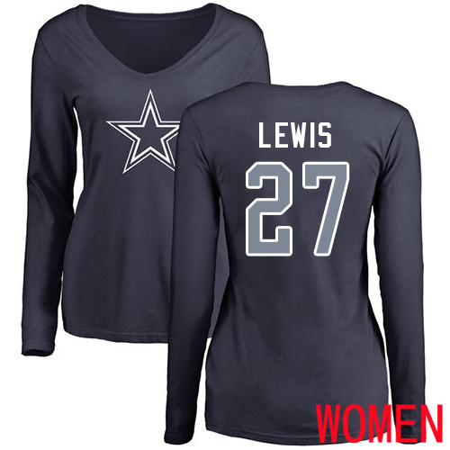 Women Dallas Cowboys Navy Blue Jourdan Lewis Name and Number Logo Slim Fit #27 Long Sleeve Nike NFL T Shirt->youth nfl jersey->Youth Jersey